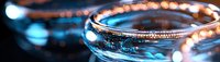 Close-up of elegant crystal glass bowl with warm golden rim lighting and soft blue bokeh background creating luxurious dining atmosphere.