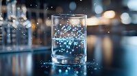 Glass of pure water with glowing blue particles floating inside on dark background with bokeh lights, creating magical atmospheric composition.