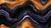Abstract fluid art with orange and purple wavy lines on black background, cosmic marble effect with glitter texture creates mesmerizing pattern for luxury design projects.