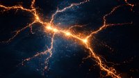 Glowing orange lightning bolts and electrical discharges against dark blue cosmic background create dramatic natural phenomenon effect for science designs.