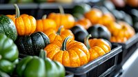 Fresh orange mini pumpkins and green gourds arranged in retail display boxes at farmers market, selective focus on bright seasonal autumn produce.