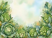 Watercolor illustration of fresh green vegetables including cabbage and cauliflower arranged as decorative border frame with copy space for culinary, recipe, and organic food design projects.
