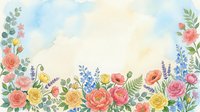 Watercolor floral border with colorful roses, poppies, and wildflowers on a soft sky background, perfect for greeting cards and invitations.