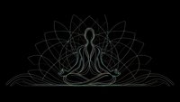 Meditation silhouette with sacred geometry mandala pattern on black background for spiritual wellness and mindfulness design projects.