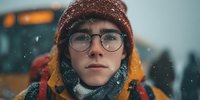 Young person with glasses and red beanie wearing winter clothing during snowfall, with yellow school bus in background. Perfect for educational or seasonal content.