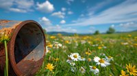 Rusty metal pipe in wildflower meadow with white daisies and yellow dandelions against blue summer sky with white clouds. Creative perspective nature photography.
