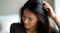 Young Asian woman with long dark hair smiling gently while touching her healthy, shiny hair against blurred background. Natural beauty and haircare concept.