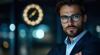 Professional businessman with glasses and beard in modern office environment with bokeh lights background for corporate presentations.