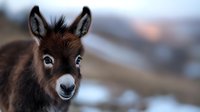 Young brown miniature donkey with expressive eyes and soft fuzzy ears looking at camera against blurred natural background, close-up portrait showing gentle personality.