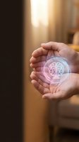 Hands holding glowing orb with neon family icon symbolizing care, protection, and togetherness for family services, insurance, and community support concepts.