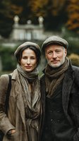 Mature couple in vintage autumn attire with flat caps and scarves posing outdoors against blurred estate background during golden hour lighting.