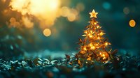 Glowing Christmas tree ornament with warm lights against dark turquoise background with bokeh effect, creating magical holiday atmosphere for seasonal greetings.