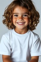 Cheerful mixed-race child with curly brown hair wearing white t-shirt smiling at camera against light background. Natural daylight portrait showing genuine happiness.