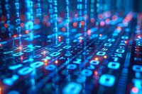 Digital binary code matrix in blue and red neon colors with bokeh effect, representing data flow and cyber technology for network security concepts.