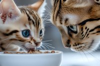 Bengal kitten and adult cat eating from white bowl, close up view showing striking blue eyes and distinctive striped markings against blurred background.