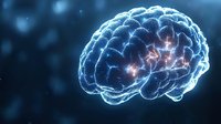 Glowing blue human brain with neural connections and synaptic activity visualization on dark background showing electrical impulses and brain activity.