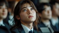 Young Asian businesswoman listening attentively during corporate presentation or conference with colleagues in background for professional training.