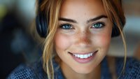 Young Caucasian woman with bright blue eyes, freckles and blonde hair in casual sweater smiling at camera. Natural beauty portrait with soft lighting and shallow depth of field.
