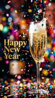 Happy New Year greeting with champagne flute, colorful confetti, and bokeh lights, perfect for festive celebration cards and social media posts.