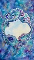 Watercolor ornate frame with swirling clouds in blue purple tones on textured background for decorative design projects and artistic compositions.