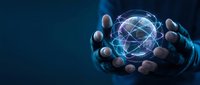 Businessman hands protecting glowing digital globe with network connections on dark blue background for technology and global business concepts.