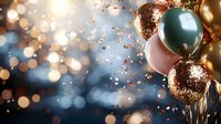 Festive celebration background with metallic balloons and golden confetti creating magical bokeh lights for party decorations and special events.