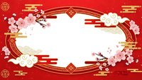 Chinese New Year festive frame with cherry blossoms, golden ornaments and traditional clouds on red background for holiday greeting cards and celebrations.