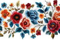 Seamless floral border with vibrant red roses and blue peonies, orange wildflowers and green leaves on white background. Traditional folk art style pattern.