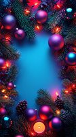 Christmas frame with purple and pink baubles, pine branches, glowing lights and candle on blue background, copy space in center for holiday design.