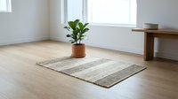Minimalist living room interior with woven area rug, potted plant and wooden furniture on light hardwood floors creating serene modern home atmosphere.