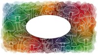 Colorful watercolor mushroom frame with white oval space for text, featuring hand-drawn fungi illustrations in rainbow gradient background.