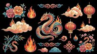 Lunar new year dragon, phoenix, lantern, and floral ornament collection isolated on transparent background. Ready for t-shirt design, clipart, stickers, sublimation, and print-on-demand projects.