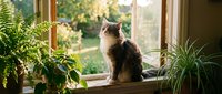 Fluffy tabby cat sitting on wooden windowsill surrounded by green houseplants, gazing outside at sunny garden through open window in cozy home interior.