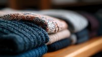Neatly folded warm winter knitted sweaters in navy blue and beige colors stacked on wooden shelf, selective focus on cozy wool texture and patterns.