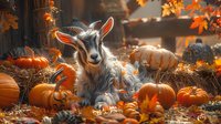 Young goat resting among orange pumpkins and falling autumn maple leaves in rustic farm setting with warm atmospheric lighting and seasonal decorations.