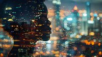 Double exposure silhouette of person merged with illuminated city skyline at night creating artistic urban portrait with glowing bokeh lights and skyscrapers.
