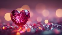 Pink heart-shaped gemstone on glittering surface with soft bokeh background, creating romantic atmosphere for Valentine's Day cards or love-themed designs.