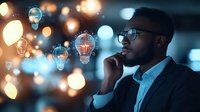 Young African American businessman in glasses contemplating while glowing light bulb icons float around him, representing innovative thinking and creative solutions.