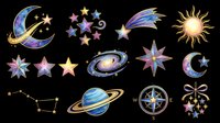 Celestial and astronomy icons set with crescent moon, stars, sun, planets, compass rose, and constellation isolated on transparent background. Ready for t-shirt design, clipart, stickers, sublimation, and print-on-demand projects.
