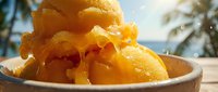 Crispy golden fried onion rings served in a white bowl with tropical beach setting and palm trees in background, ready for food photography and culinary content.