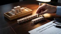 Businessman arranging wooden letter blocks spelling standard on dark desk with corporate documents and wooden blocks, representing business strategy and organizational planning concepts.