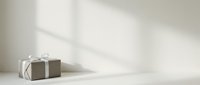 Elegant kraft paper gift box with white ribbon bow on a light surface with soft window shadows and copy space.
