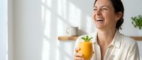 Middle-aged woman with dark hair and olive complexion, wearing a cream linen shirt, holding a glass of fresh orange juice in a bright kitchen with natural sunlight and green plants.