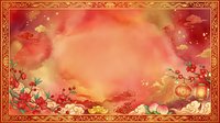 Warm gradient background with red and gold ornamental border, blooming flowers, lanterns, and bokeh lights, suitable for festive celebrations and traditional event designs.