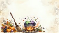 Witch cauldron with magical potion, broomstick, and autumn pumpkins on aged parchment background for Halloween designs and seasonal graphics.