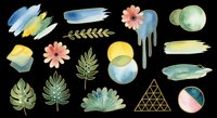 Watercolor tropical clipart set with brush strokes, flowers, leaves, and geometric shapes, isolated on transparent background. Ready for stickers, t-shirt design, and print on demand.