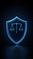 Glowing blue neon shield with scales of justice symbol on dark background, representing legal protection and law enforcement services.