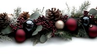 Festive winter garland with burgundy and black ornaments, pine cones, eucalyptus leaves, and frosted evergreen branches on white background, isolated for design use.