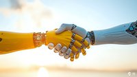 Robotic hands in yellow and gray shaking against sunset sky background, symbolizing cooperation between artificial intelligence and technology advancement.