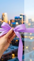 Woman holding purple ribbon bow with blurred city skyline at dusk in background. Suitable for gift wrapping, celebration, and promotional campaigns.
